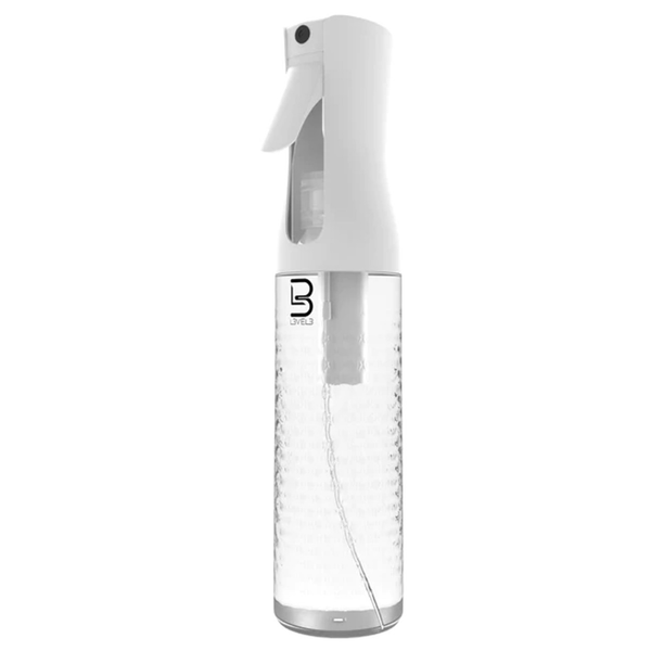 Clear spray bottle with white top on a white background