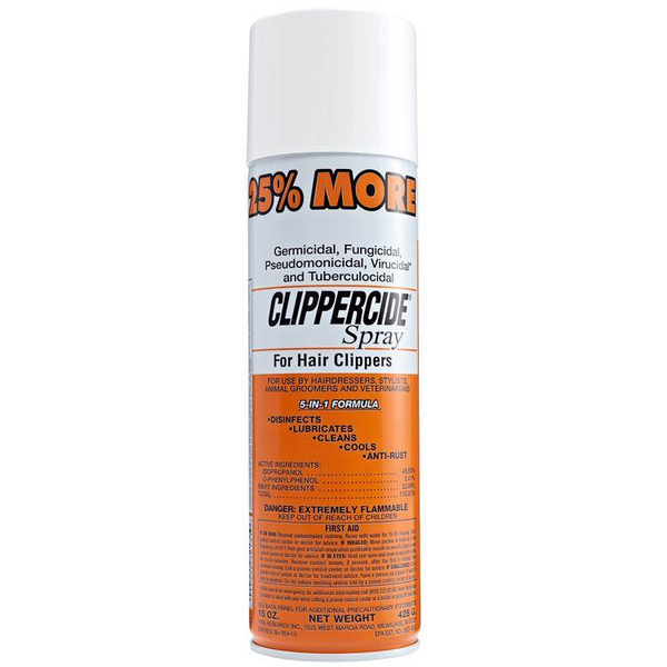 Clippercide spray can with white and orange label on a white background