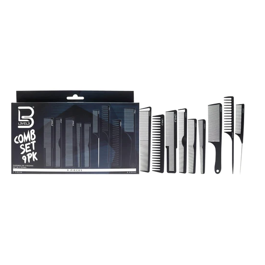 Set of nine combs with packaging on a white background
