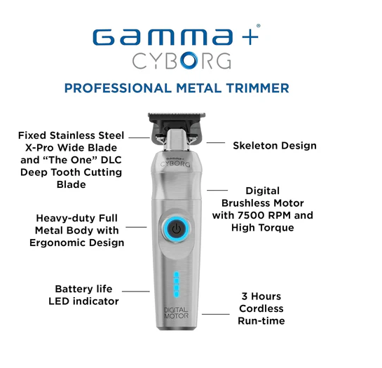 Gamma+ Cyborg professional metal trimmer with features highlighted on a white background