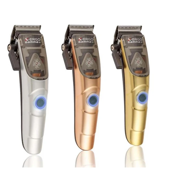 Three hair clippers in silver, bronze, and gold on a white background