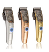 Three hair clippers in silver, bronze, and gold on a white background