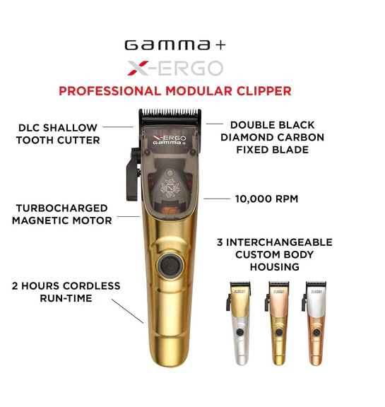 Gamma+ X-Ergo professional modular clipper with features highlighted on a white background