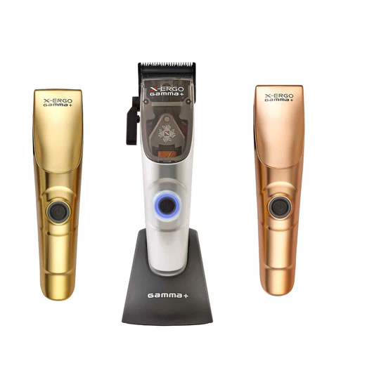 Three hair clippers in gold, silver, and bronze on a white background