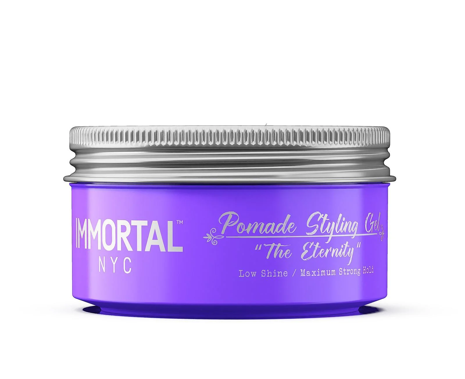 Purple jar of Immortal NYC pomade styling gel on a white background