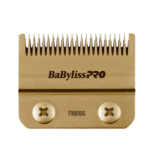 Gold hair clipper blade with 'BaBylissPRO' branding on a white background