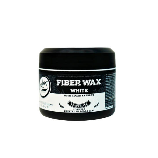 Jar of Rolda fiber wax with a black lid and white label on a white background