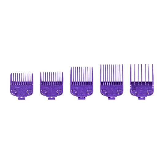 Five purple hair clipper combs arranged in a row on a white background