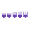 Five purple hair clipper combs arranged in a row on a white background