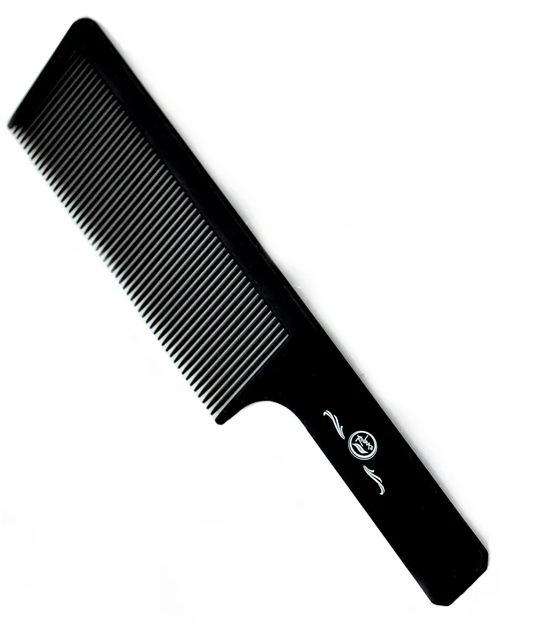 Black comb with a brand logo on a white background