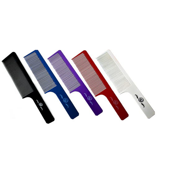 Set of five colorful combs on a white background