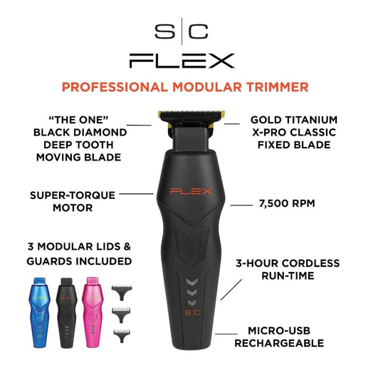 SC Flex professional modular trimmer with features listed on a white background
