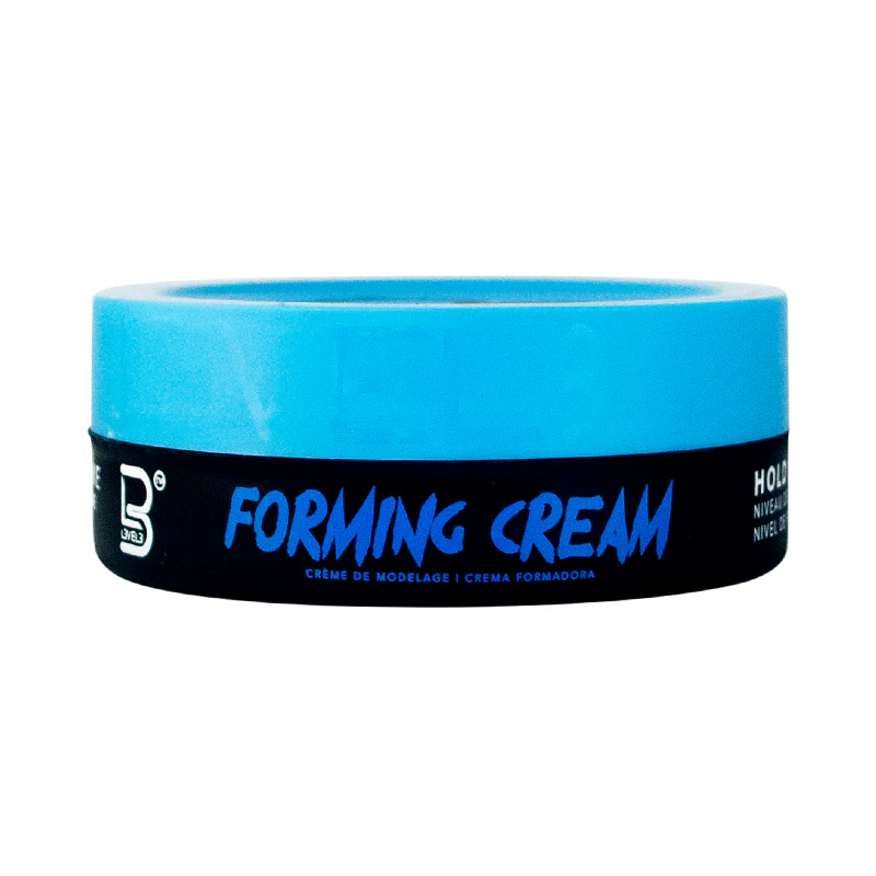 Blue and black container of 'L3VEL3' forming cream on a white background