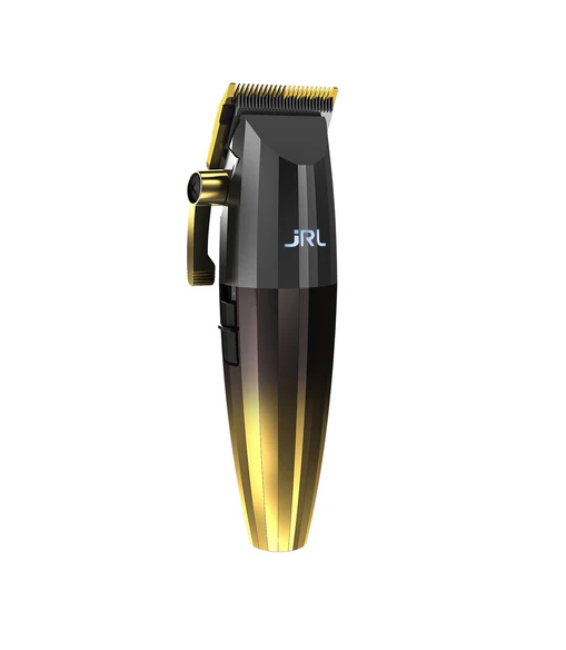 Hair trimmer with gold and black design on a white background