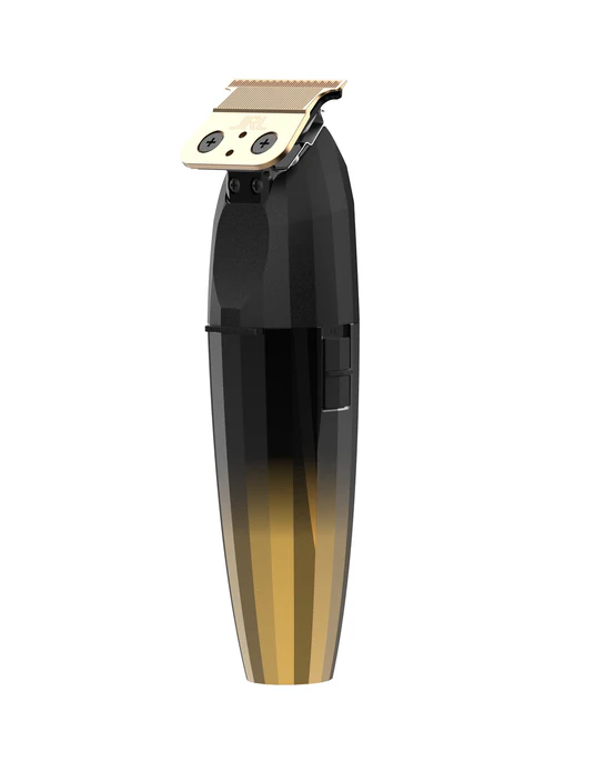 Hair trimmer with black and gold gradient design on a white background