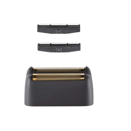 Black and gold hair trimmer head with two additional attachments on a white background