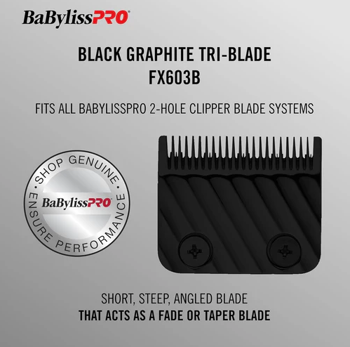 BaBylissPRO black graphite tri-blade packaging on a gray background