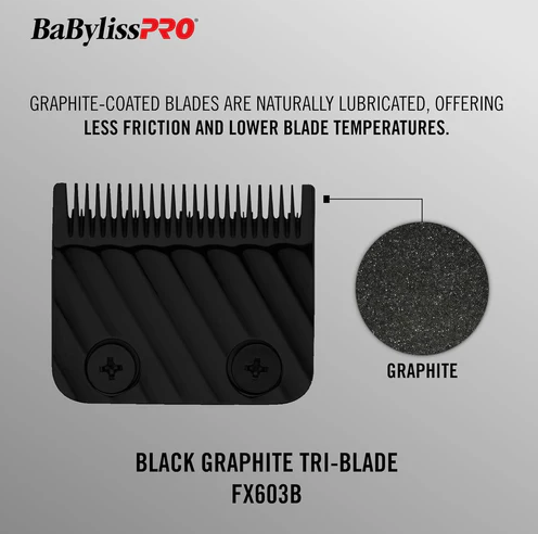 BaBylissPRO black graphite tri-blade with text on a gray background