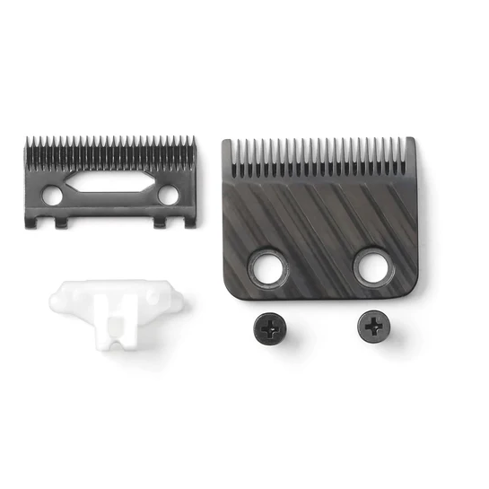Set of grooming刀具 components on a white background