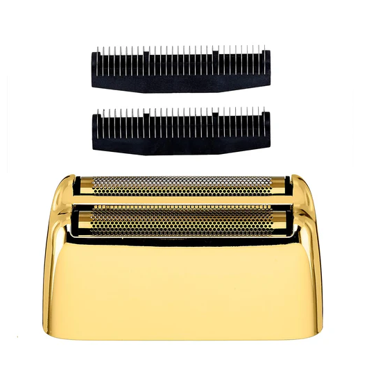 Gold electric shaver head with two black comb attachments on a white background