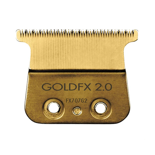 Gold hair clipper blade with 'GOLDFX 2.0' branding on a white background