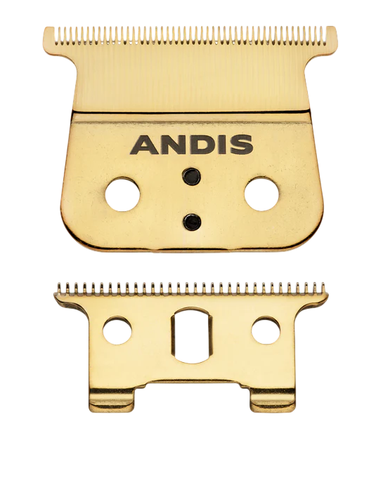 Two gold ANDIS hair clipper blades on a white background