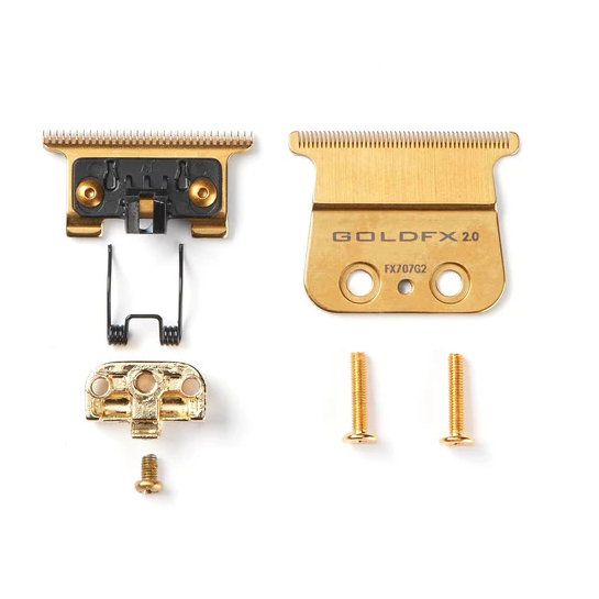 Gold FX grooming tool parts on a white background