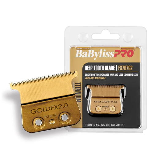 Gold toothed blade with packaging labeled 'BaBylissPRO' on a white background
