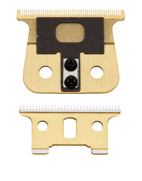 Two gold hair clipper blades with black and white accents on a white background