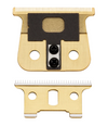 Two gold hair clipper blades with black and white accents on a white background