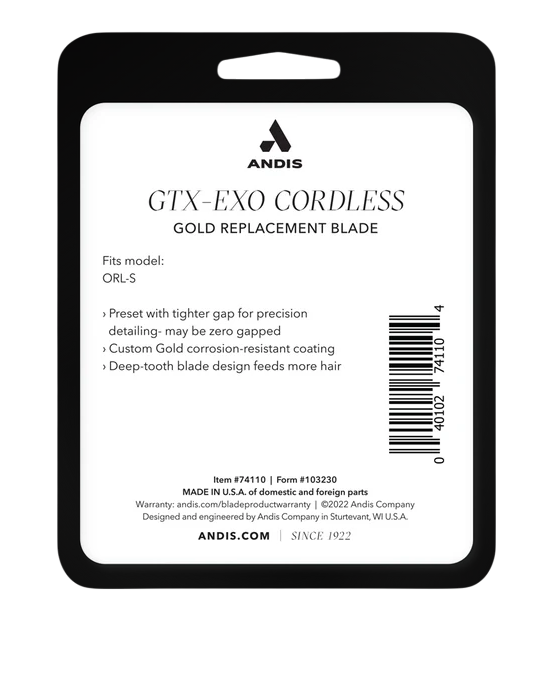 Andis GTX-EXO Cordless Gold Replacement Blade packaging with product details.