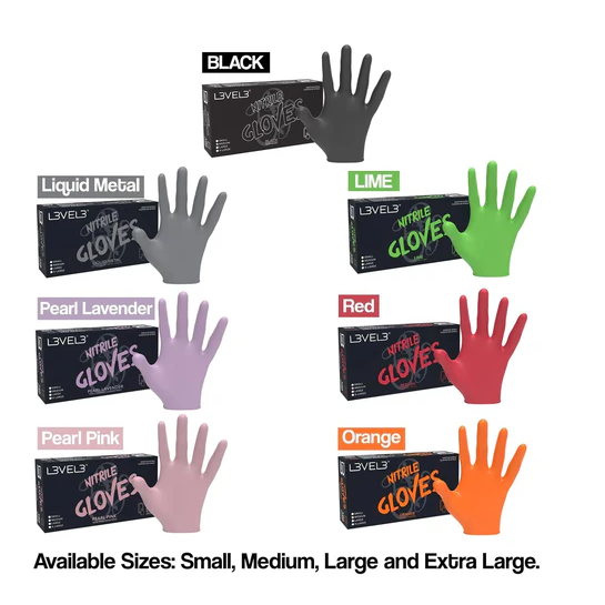 Colorful L3VEL3 gloves in various sizes with packaging on a white background