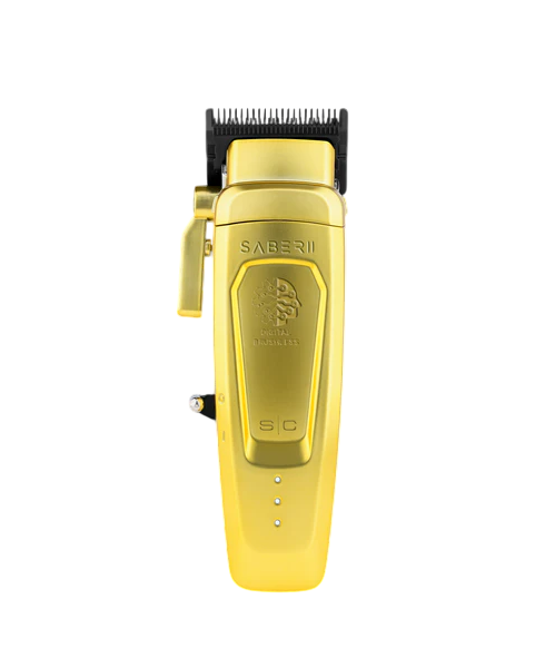 Gold hair clipper with black accents on a white background
