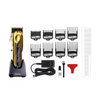 Wahl hair cutting kit with gold clipper, attachments, and accessories on a white background