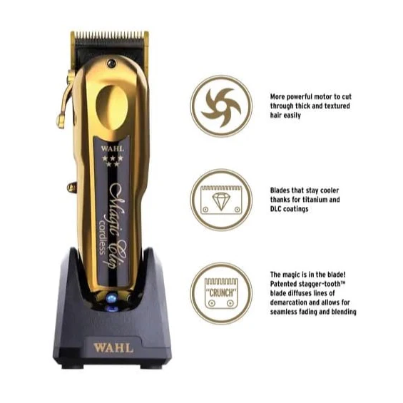Wahl hair clipper with features highlighted on a white background