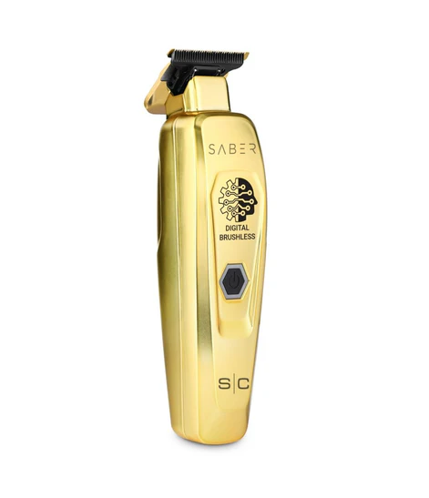 Gold electric trimmer with 'Saber' branding on a white background