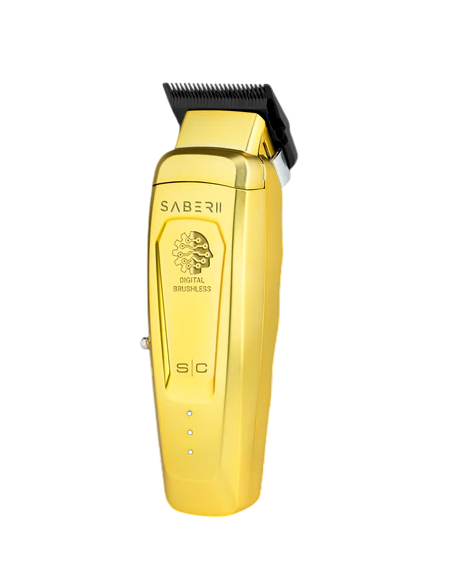 Gold hair clipper with 'Saber' branding on a white background
