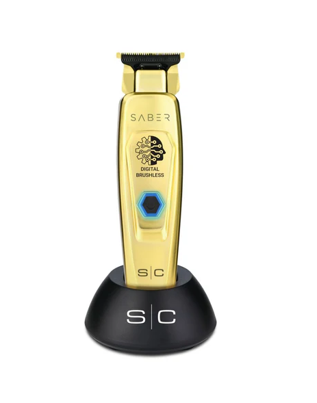 Gold and black hair trimmer with 'Saber' branding on a white background