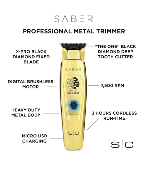 Saber professional metal trimmer with features highlighted on a white background