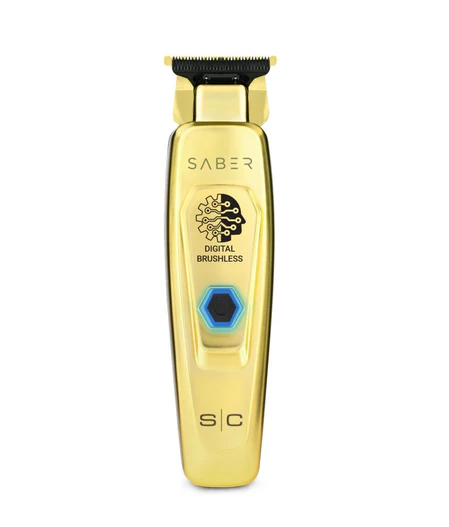 Gold hair trimmer with 'Saber' branding on a white background