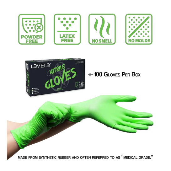Green nitrile gloves with a box labeled '100 Gloves Per Box' on a white background.