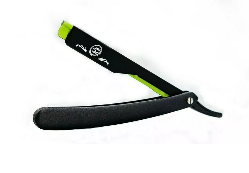 Black and green Rolda straight razor on a white background