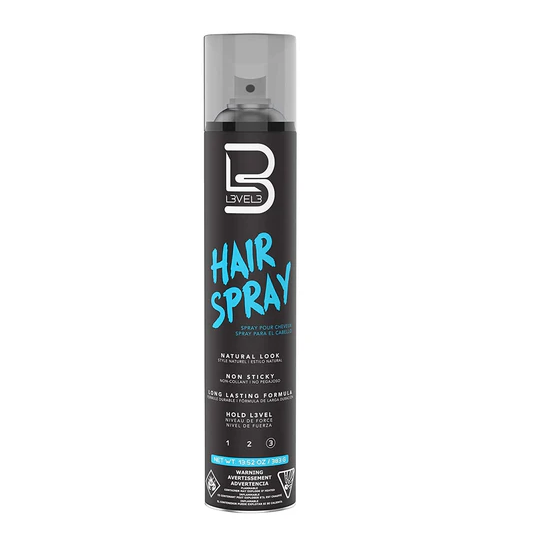 Hair spray can with L3VEL3 brand logo on a white background