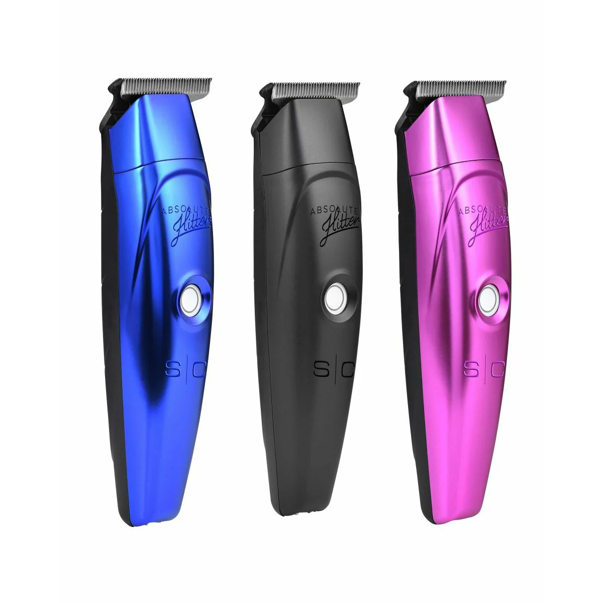 Three hair trimmers in blue, black, and pink on a white background