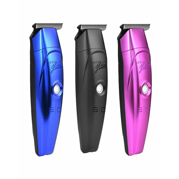 Three hair trimmers in blue, black, and pink on a white background