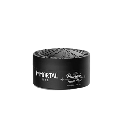 Black jar of pomade with 'Immortal NYC' branding on a white background