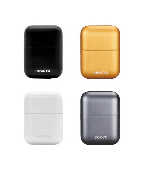 Four small electronic shavers in black, gold, white, and gray on a white background.