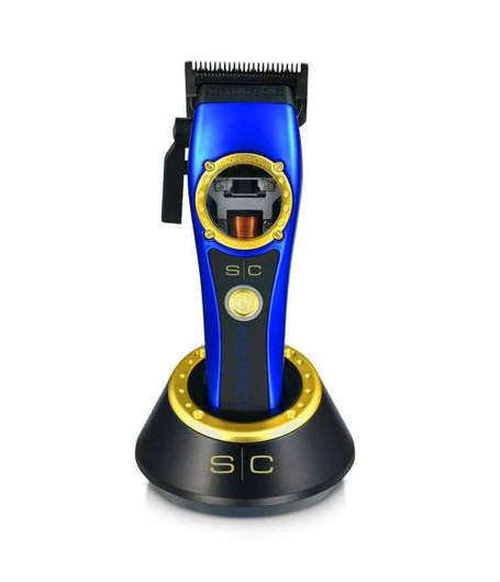 Blue and black hair clipper with gold accents on a white background