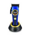 Blue and black hair clipper with gold accents on a white background