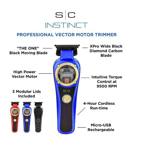 Professional vector motor trimmer with features highlighted on a white background